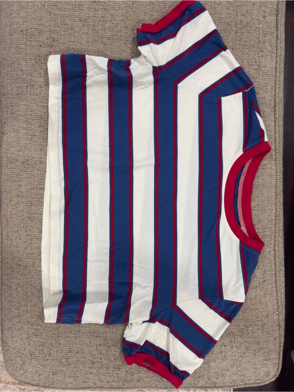 Striped Blue & White Crop Top with Red Trim - Women